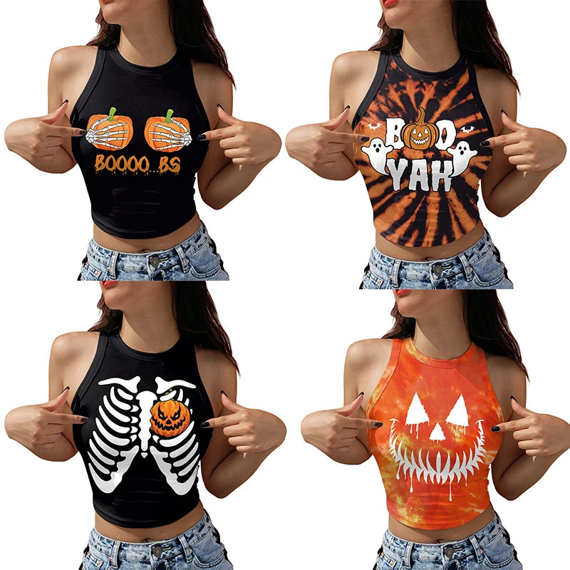 Women’s Halloween Gothic Tank Top – Y2K Elastic Short Vest with Pumpkin & Skull Print, Party Streetwear