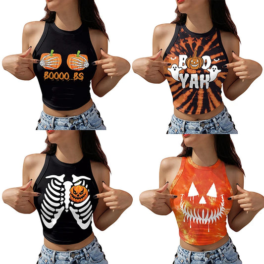 Women’s Halloween Gothic Tank Top – Y2K Elastic Short Vest with Pumpkin & Skull Print, Party Streetwear