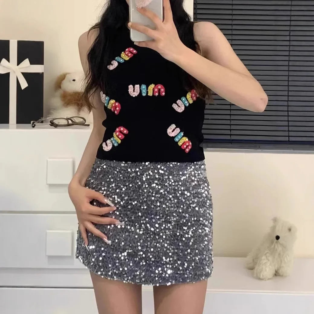Spicy Girl Knitted Crop Top – Women’s Sleeveless Letter Print Slim Vest, 2025 Fashion Inner Wear Design