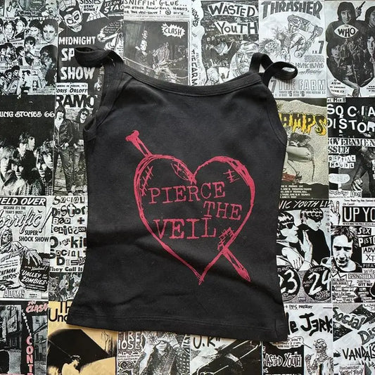 Y2K Graphic Print Camisole – Emo Punk Grunge Crop Top, Vintage Gothic Corset Style Baby Tee for Women