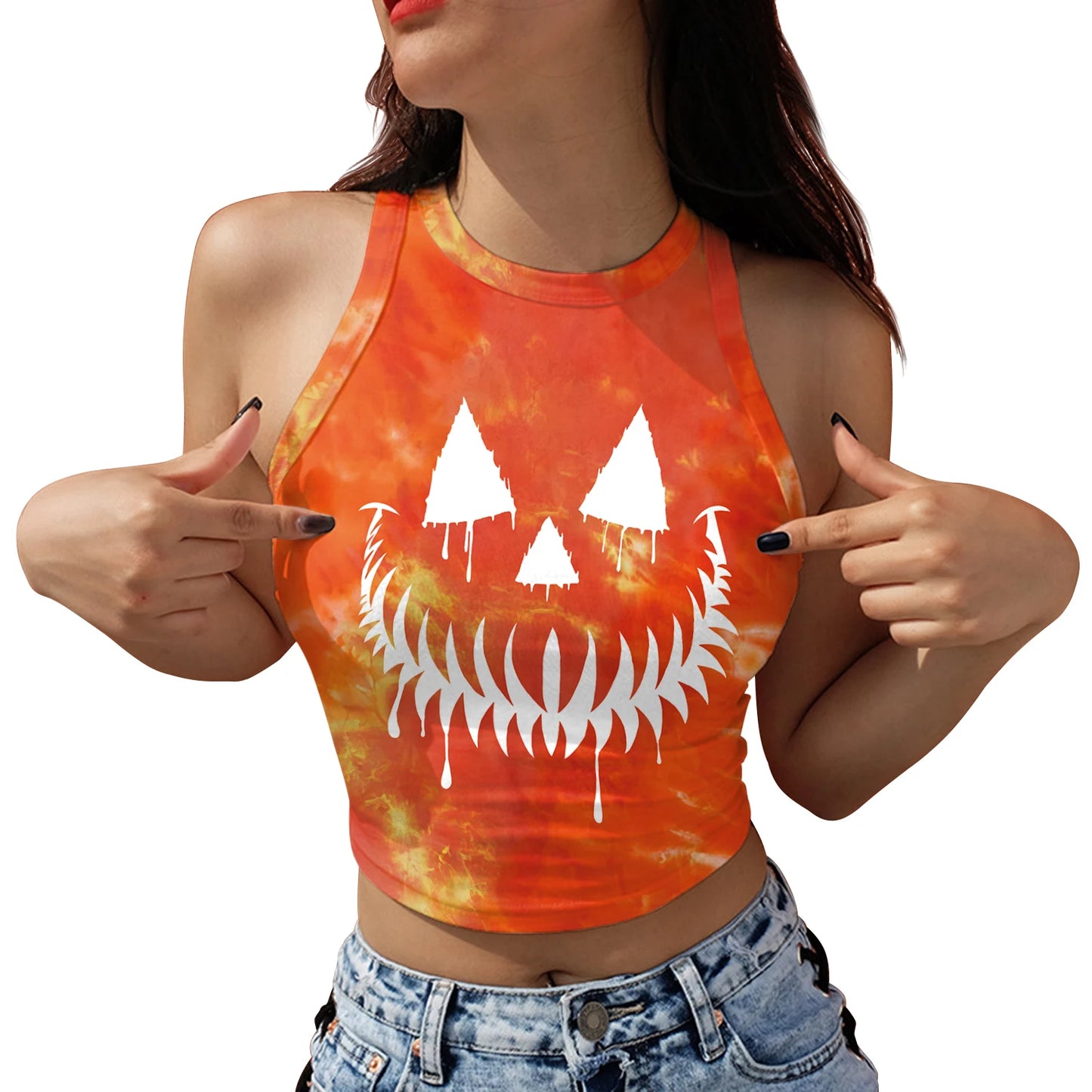 Women’s Halloween Gothic Tank Top – Y2K Elastic Short Vest with Pumpkin & Skull Print, Party Streetwear